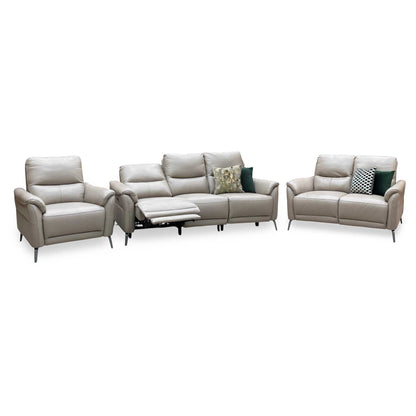 ‘Daytona’ Cat-40_08 Oyster Leather Set: 3 Seater Power Recliner + 2 Seater Standard Sofa with Chair Sofa Set Furniture Village