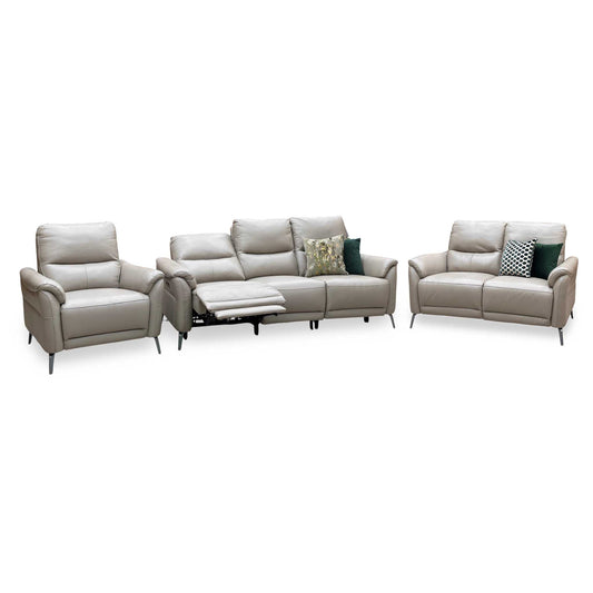 ‘Daytona’ Cat-40_08 Oyster Leather Set: 3 Seater Power Recliner + 2 Seater Standard Sofa with Chair Sofa Set Furniture Village
