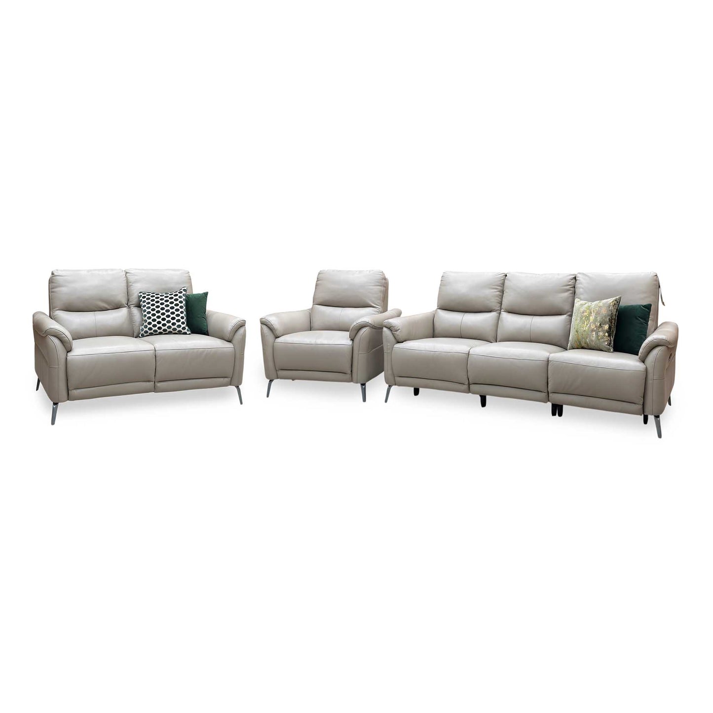 ‘Daytona’ Cat-40_08 Oyster Leather Set: 3 Seater Power Recliner + 2 Seater Standard Sofa with Chair Sofa Set Furniture Village