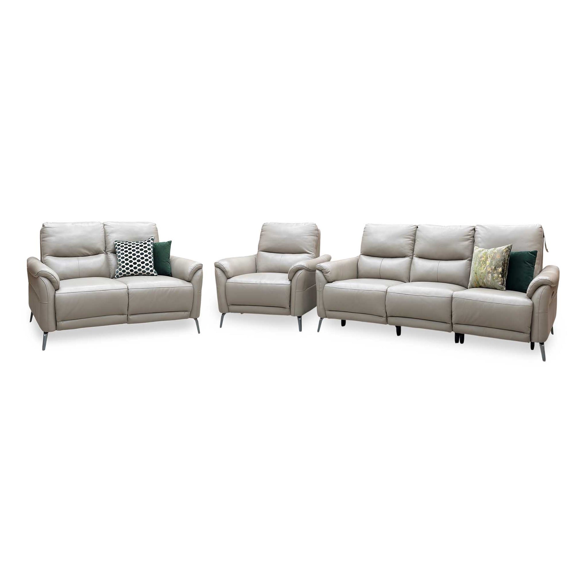 ‘Daytona’ Cat-40_08 Oyster Leather Set: 3 Seater Power Recliner + 2 Seater Standard Sofa with Chair Sofa Set Furniture Village