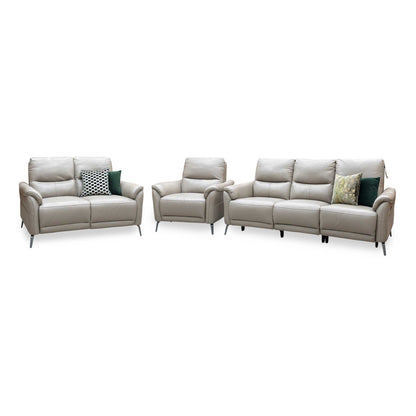 ‘Daytona’ Cat-40_08 Oyster Leather Set: 3 Seater Power Recliner + 2 Seater Standard Sofa with Chair Sofa Set Furniture Village