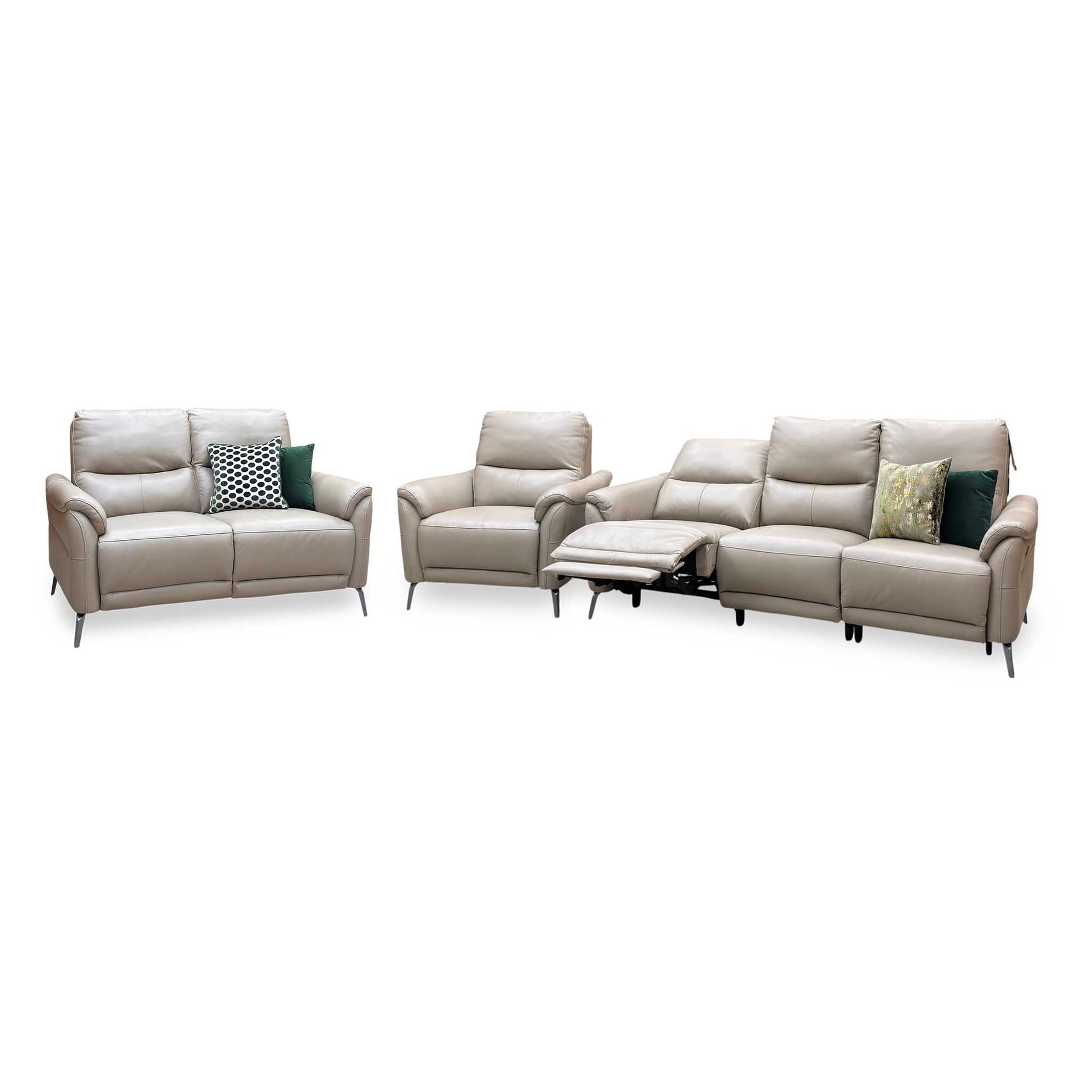 ‘Daytona’ Cat-40_08 Oyster Leather Set: 3 Seater Power Recliner + 2 Seater Standard Sofa with Chair Sofa Set Furniture Village