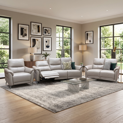 ‘Daytona’ Cat-40_08 Oyster Leather Set: 3 Seater Power Recliner + 2 Seater Standard Sofa with Chair Sofa Set Furniture Village