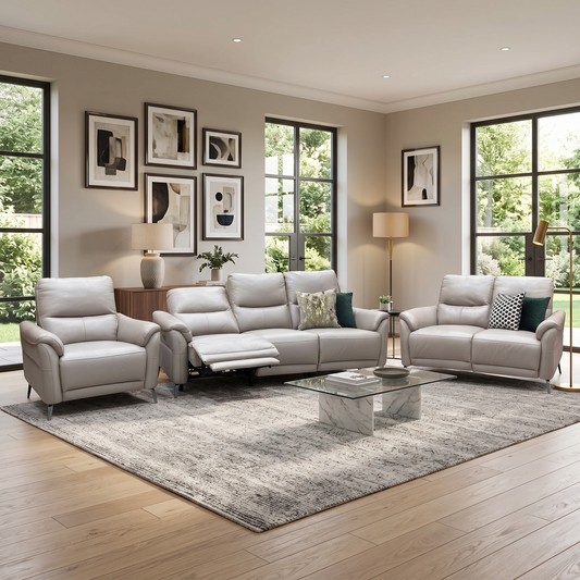 ‘Daytona’ Cat-40_08 Oyster Leather Set: 3 Seater Power Recliner + 2 Seater Standard Sofa with Chair Sofa Set Furniture Village