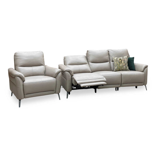 ‘Daytona’ Cat-40_08 Oyster Leather 3 Seater Power Recliner Sofa + Chair Furniture Village