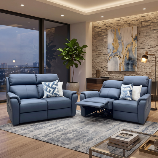 Nicoletti ‘Vito’ Torello Blu 81 Blue Leather 2 + 2 Seater Power Recliner Sofa Set with Power Headrests and Power Lumbar Furniture Village