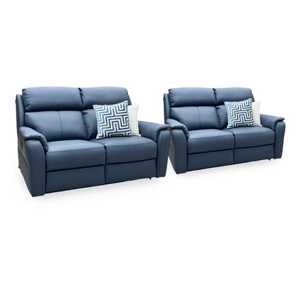 Nicoletti ‘Vito’ Torello Blu 81 Blue Leather 2 + 2 Seater Power Recliner Sofa Set with Power Headrests and Power Lumbar Furniture Village