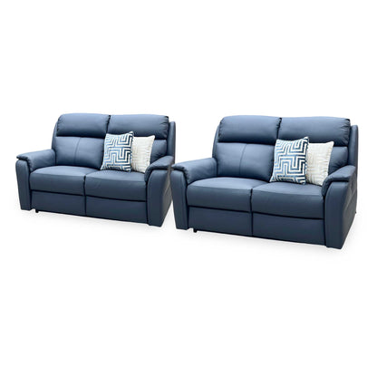 Nicoletti ‘Vito’ Torello Blu 81 Blue Leather 2 + 2 Seater Power Recliner Sofa Set with Power Headrests and Power Lumbar Furniture Village