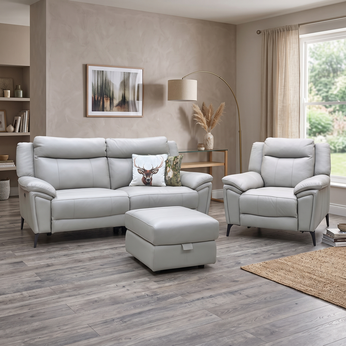 ‘Panache’ Lead Grey Cat-60_23 Leather 3 Seater Power Recliner + Chair with Power Headrest and Heated Seat & Storage Footstool Sofa Set Furniture Village