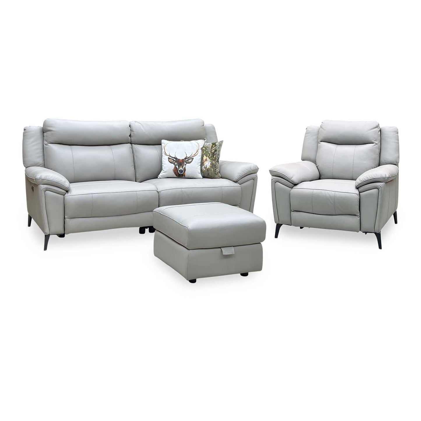 ‘Panache’ Lead Grey Cat-60_23 Leather 3 Seater Power Recliner + Chair with Power Headrest and Heated Seat & Storage Footstool Sofa Set Furniture Village