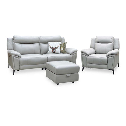 ‘Panache’ Lead Grey Cat-60_23 Leather 3 Seater Power Recliner + Chair with Power Headrest and Heated Seat & Storage Footstool Sofa Set Furniture Village