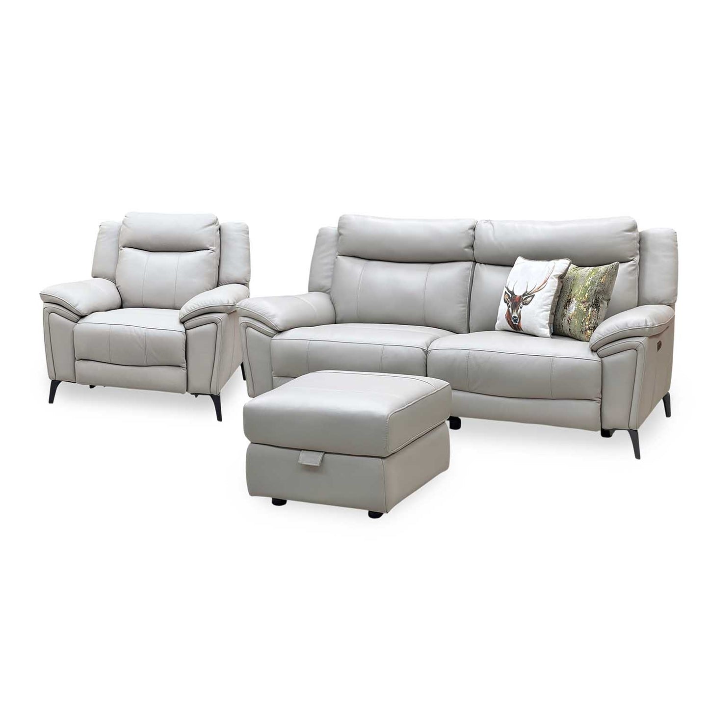 ‘Panache’ Lead Grey Cat-60_23 Leather 3 Seater Power Recliner + Chair with Power Headrest and Heated Seat & Storage Footstool Sofa Set Furniture Village