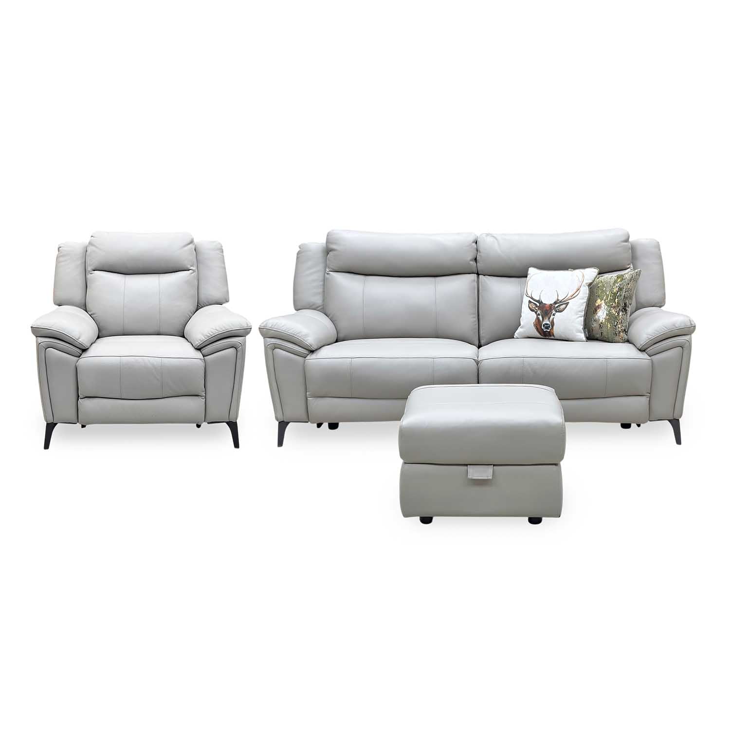 ‘Panache’ Lead Grey Cat-60_23 Leather 3 Seater Power Recliner + Chair with Power Headrest and Heated Seat & Storage Footstool Sofa Set Furniture Village