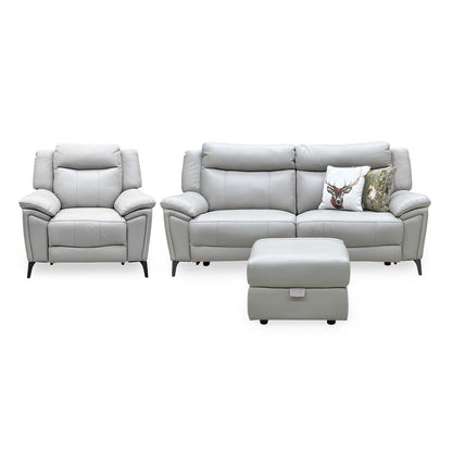 ‘Panache’ Lead Grey Cat-60_23 Leather 3 Seater Power Recliner + Chair with Power Headrest and Heated Seat & Storage Footstool Sofa Set Furniture Village