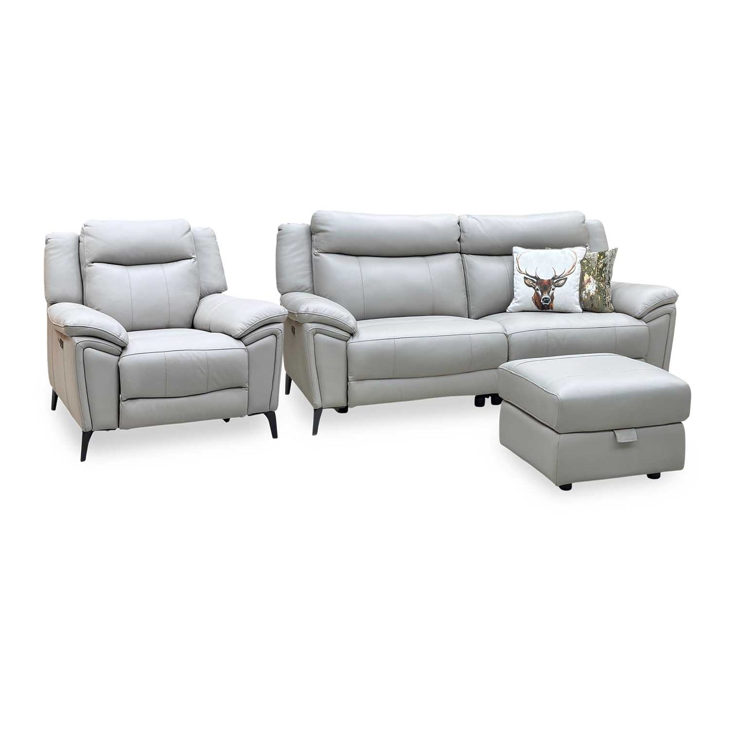 ‘Panache’ Lead Grey Cat-60_23 Leather 3 Seater Power Recliner + Chair with Power Headrest and Heated Seat & Storage Footstool Sofa Set Furniture Village