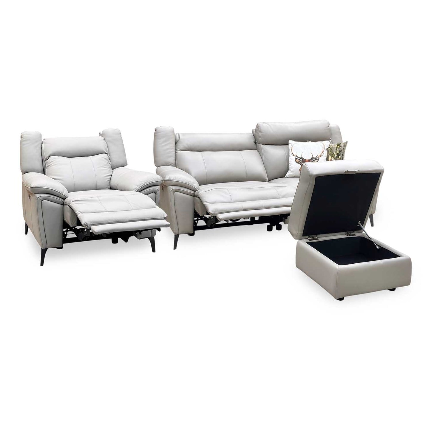 ‘Panache’ Lead Grey Cat-60_23 Leather 3 Seater Power Recliner + Chair with Power Headrest and Heated Seat & Storage Footstool Sofa Set Furniture Village
