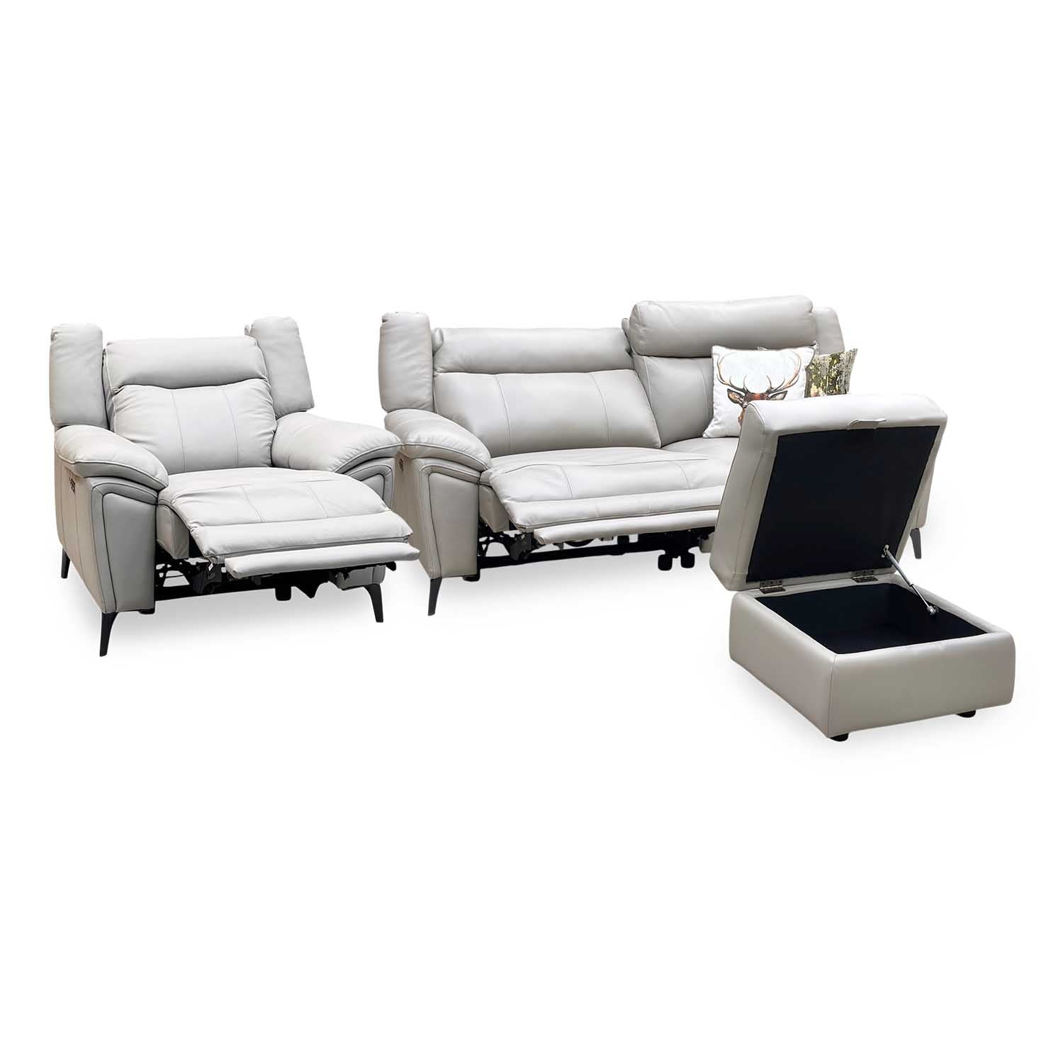 ‘Panache’ Lead Grey Cat-60_23 Leather 3 Seater Power Recliner + Chair with Power Headrest and Heated Seat & Storage Footstool Sofa Set Furniture Village