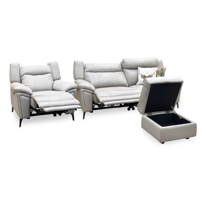 ‘Panache’ Lead Grey Cat-60_23 Leather 3 Seater Power Recliner + Chair with Power Headrest and Heated Seat & Storage Footstool Sofa Set Furniture Village