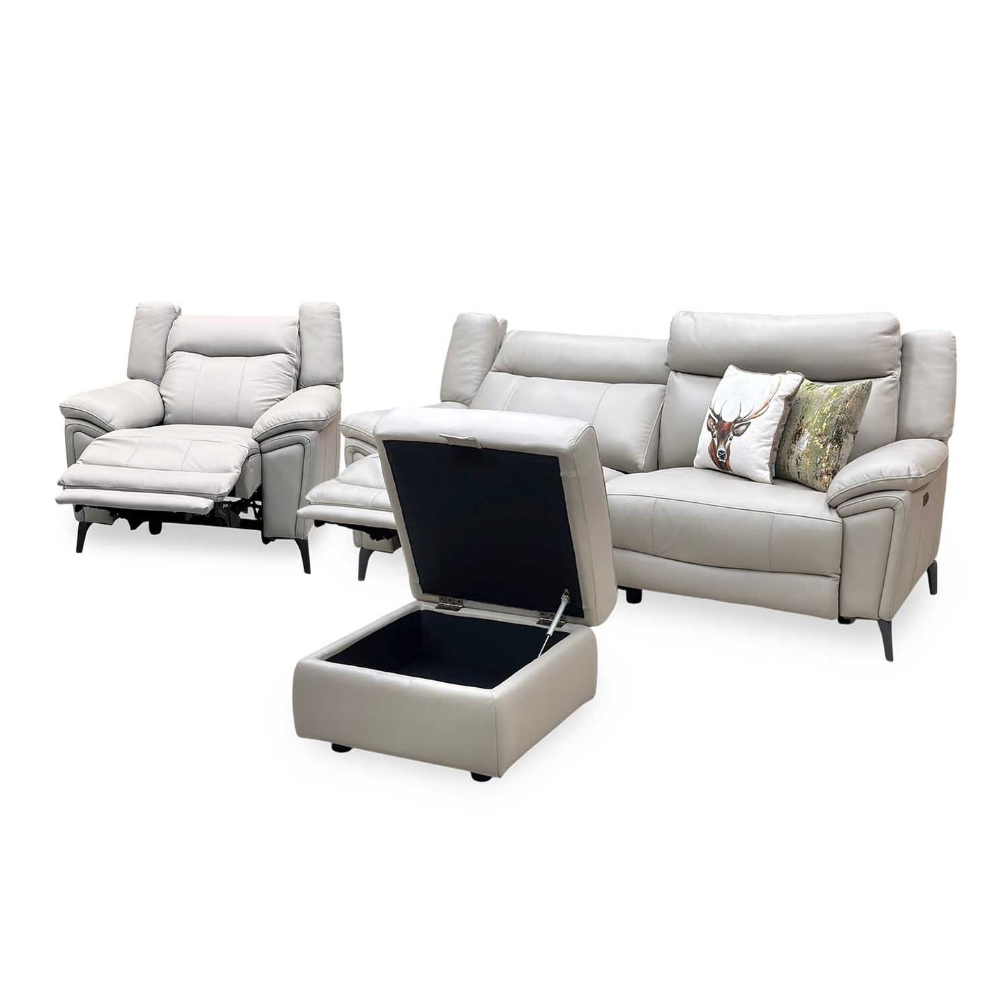 ‘Panache’ Lead Grey Cat-60_23 Leather 3 Seater Power Recliner + Chair with Power Headrest and Heated Seat & Storage Footstool Sofa Set Furniture Village