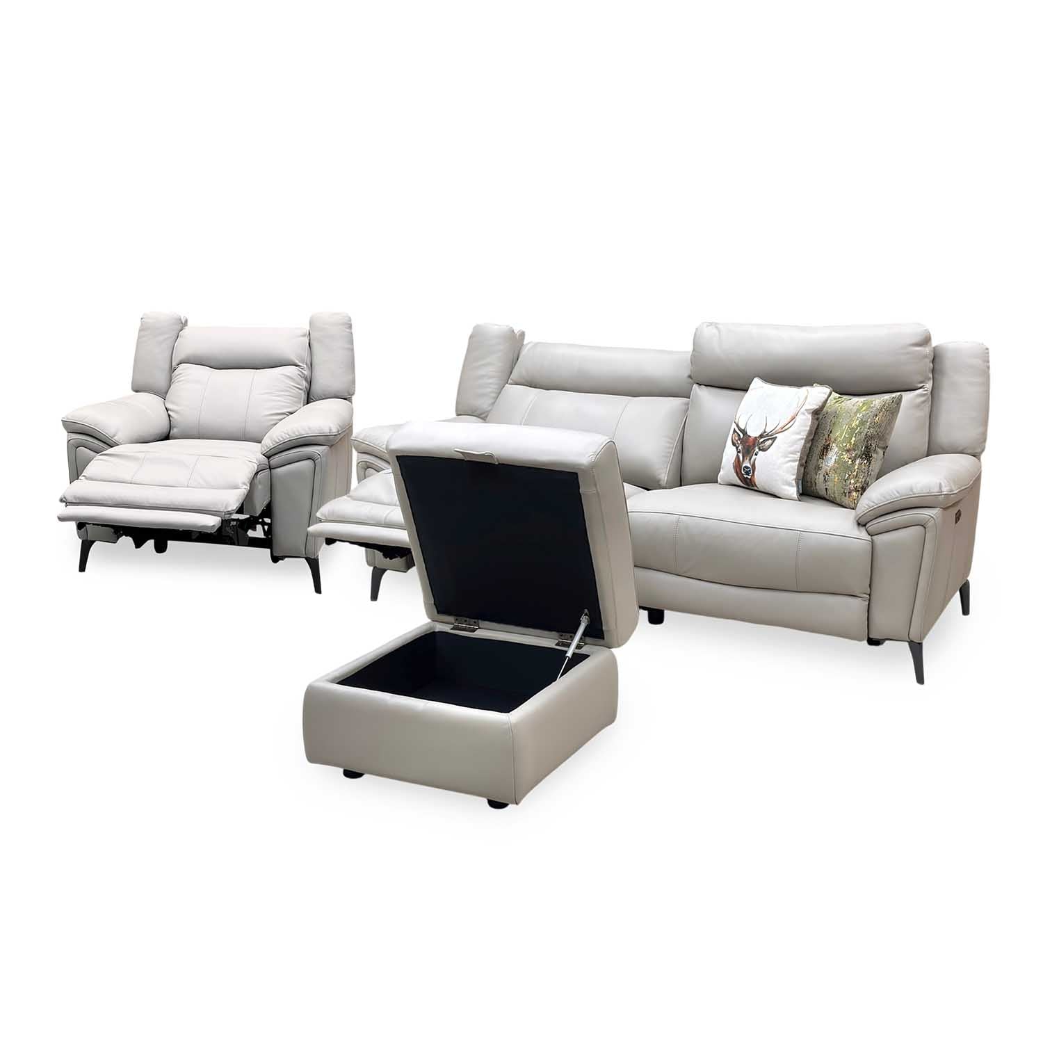 ‘Panache’ Lead Grey Cat-60_23 Leather 3 Seater Power Recliner + Chair with Power Headrest and Heated Seat & Storage Footstool Sofa Set Furniture Village