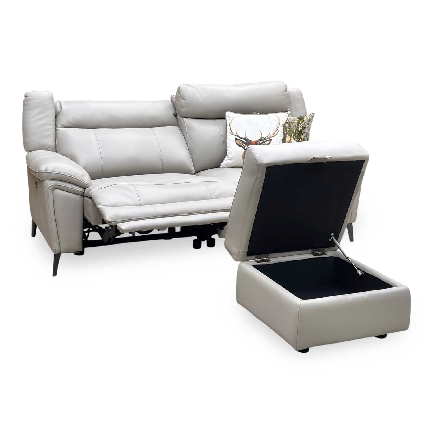 ‘Panache’ Lead Grey Cat-60_23 Leather 3 Seater Power Recliner Sofa + Storage Footstool Furniture Village