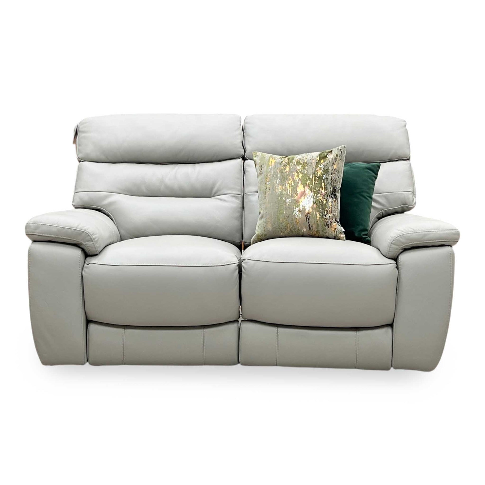 ‘Nimbus’ Feather Grey Leather 2 Seater Power Recliner Sofa with Power Headrests and Power Lumbar Furniture Village