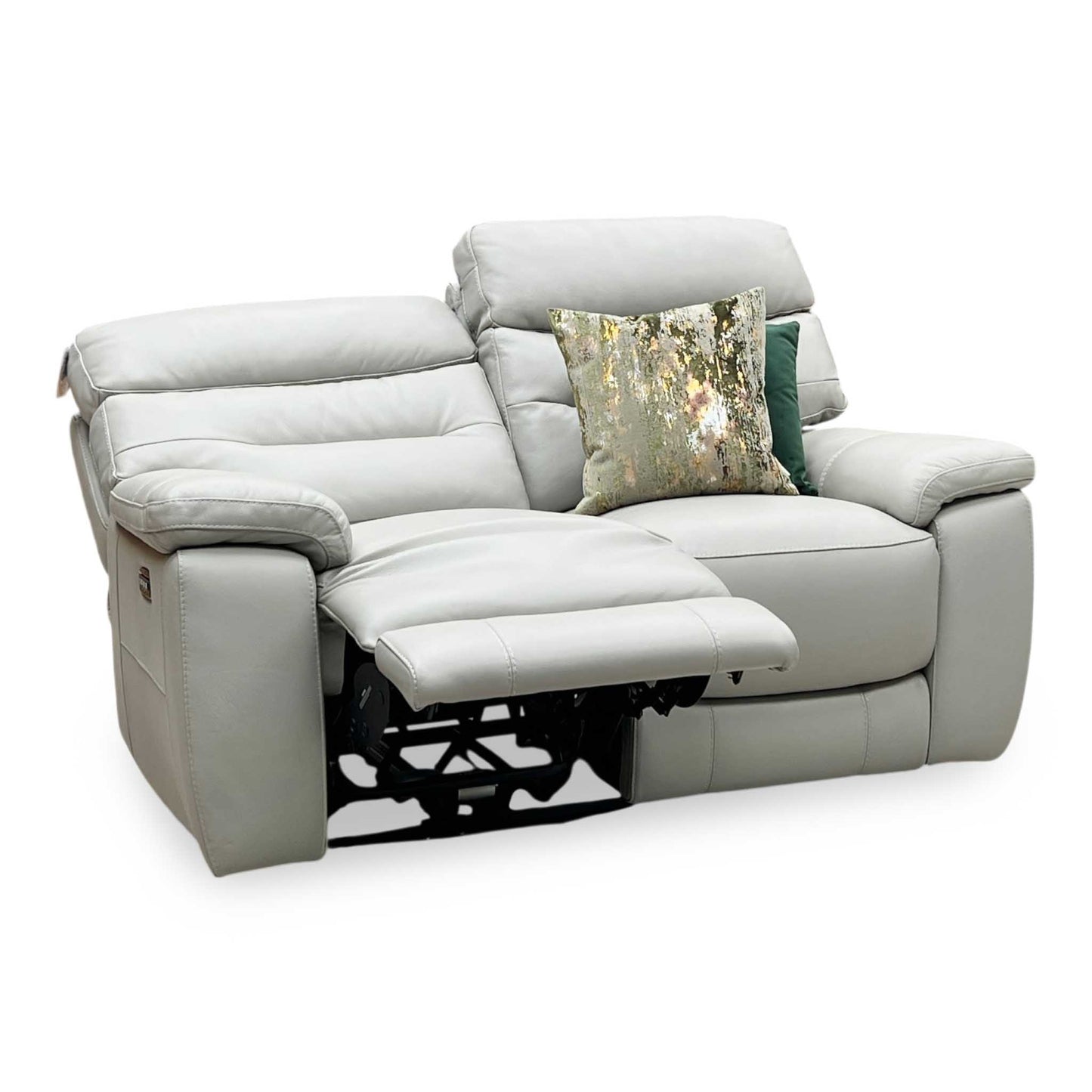 ‘Nimbus’ Feather Grey Leather 2 Seater Power Recliner Sofa with Power Headrests and Power Lumbar Furniture Village