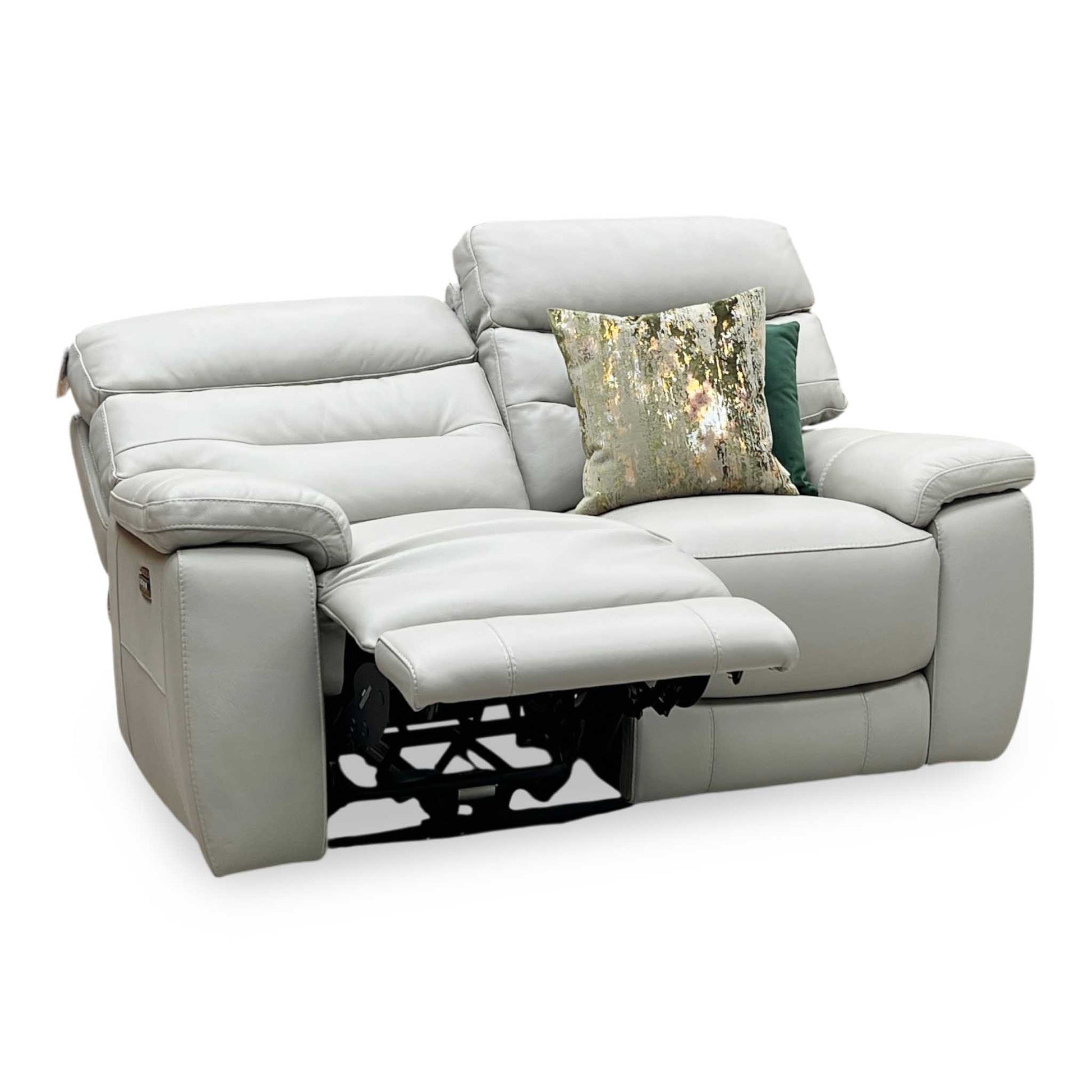 ‘Nimbus’ Feather Grey Leather 2 Seater Power Recliner Sofa with Power Headrests and Power Lumbar Furniture Village