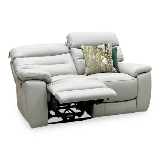 ‘Nimbus’ Feather Grey Leather 2 Seater Power Recliner Sofa with Power Headrests and Power Lumbar Furniture Village
