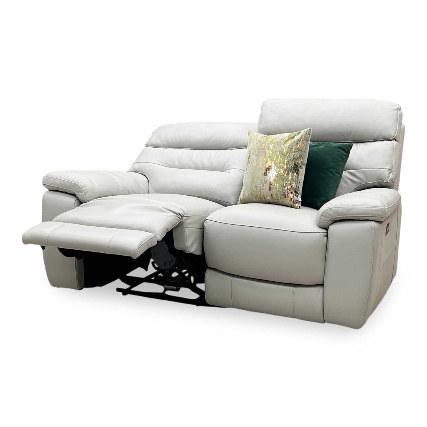 ‘Nimbus’ Feather Grey Leather 2 Seater Power Recliner Sofa with Power Headrests and Power Lumbar Furniture Village