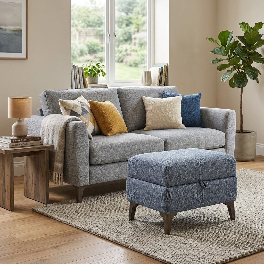 ‘Moderna' Blr Marine Blue Sw Fabric Storage Footstool Furniture Village