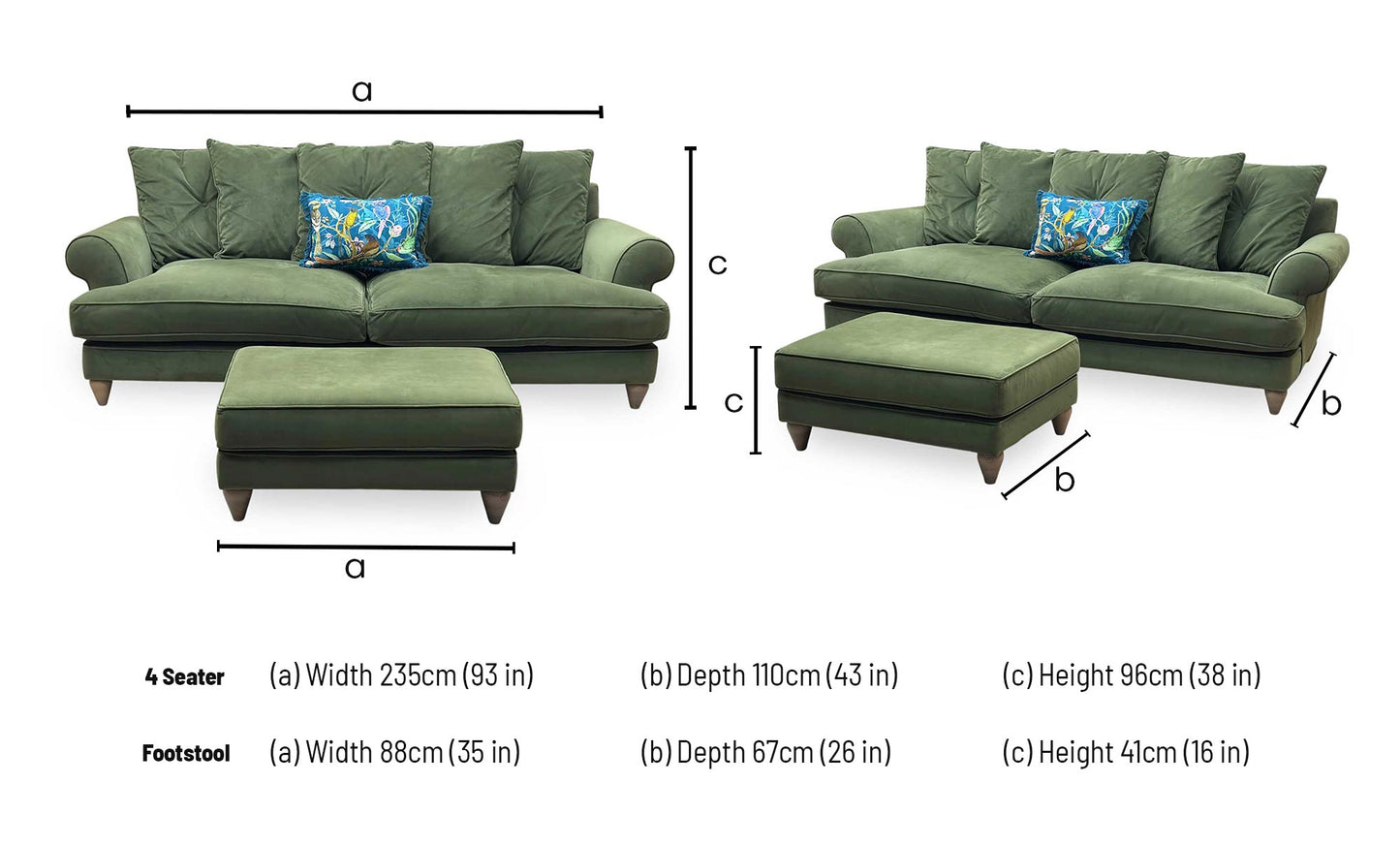 The Lounge Co. ‘Bronwyn’ Woo160 Woodland Moss Green Fabric 4 Seater Scatter Back Sofa + Footstool Furniture Village