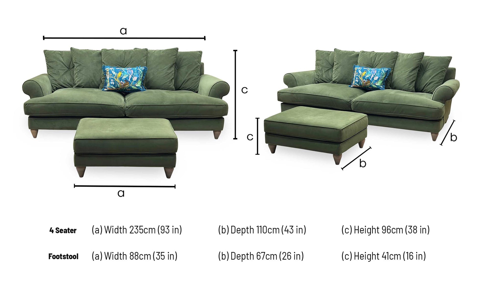 The Lounge Co. ‘Bronwyn’ Woo160 Woodland Moss Green Fabric 4 Seater Scatter Back Sofa + Footstool Furniture Village