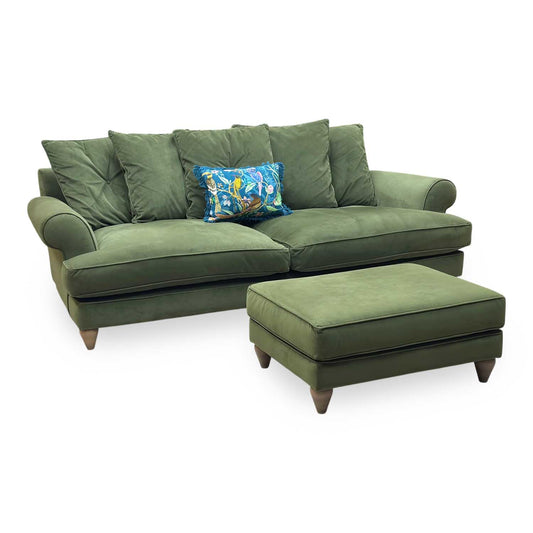The Lounge Co. ‘Bronwyn’ Woo160 Woodland Moss Green Fabric 4 Seater Scatter Back Sofa + Footstool Furniture Village