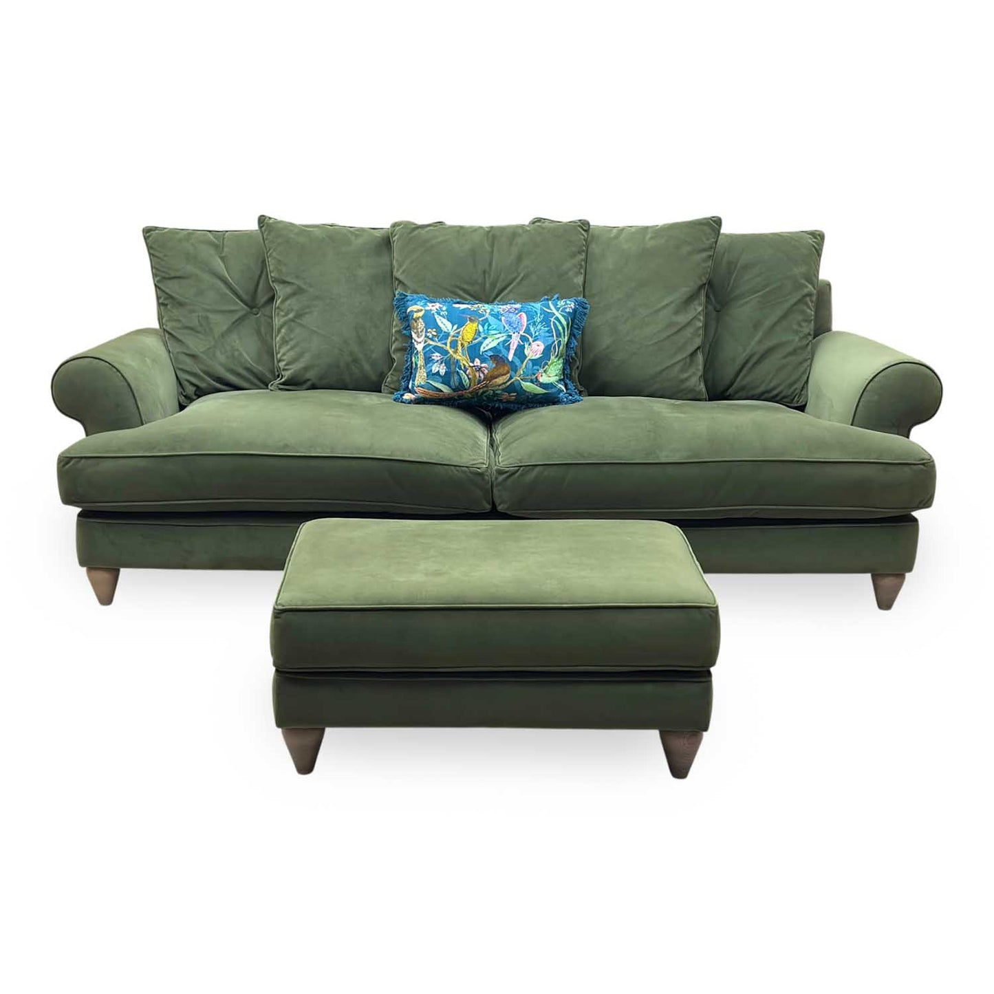 The Lounge Co. ‘Bronwyn’ Woo160 Woodland Moss Green Fabric 4 Seater Scatter Back Sofa + Footstool Furniture Village