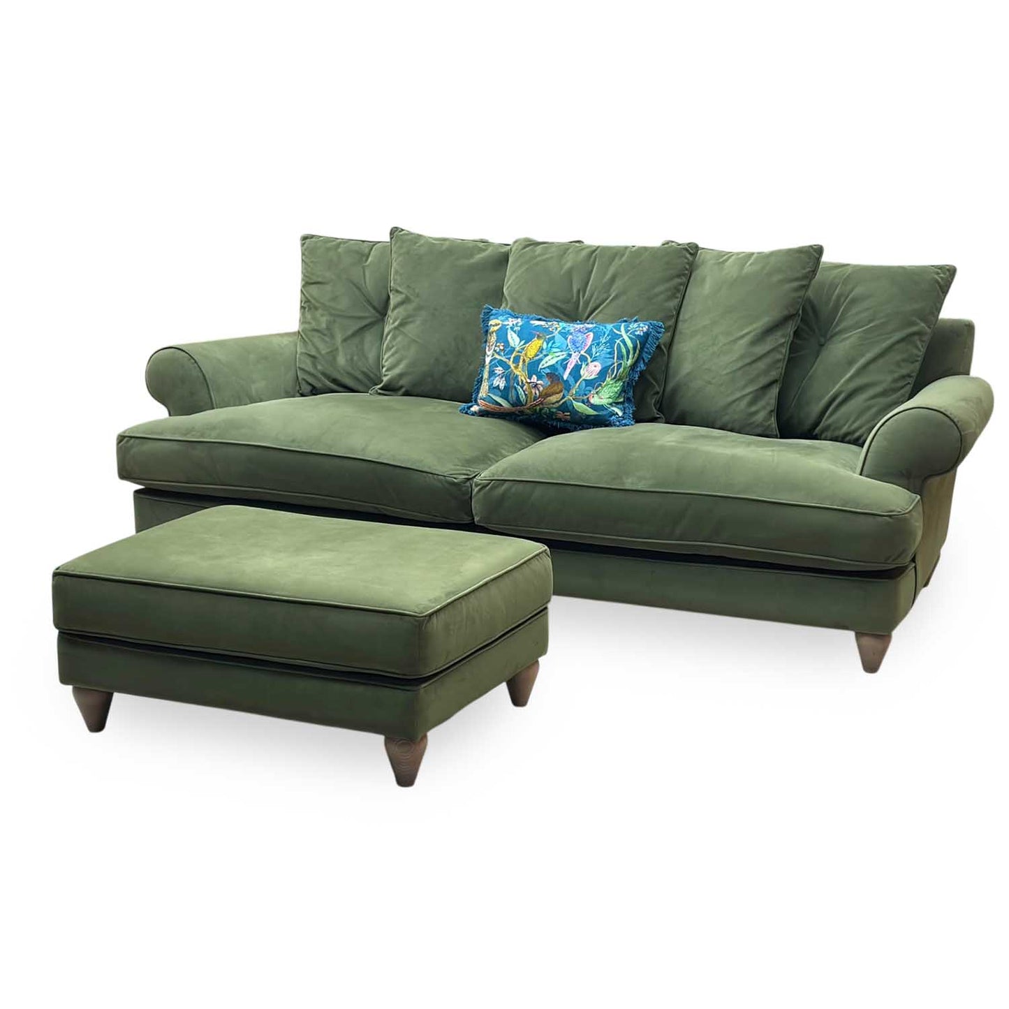 The Lounge Co. ‘Bronwyn’ Woo160 Woodland Moss Green Fabric 4 Seater Scatter Back Sofa + Footstool Furniture Village