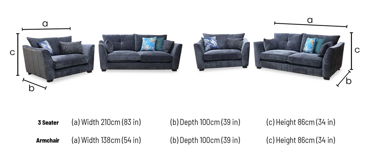 'Allure' Coco Indigo Woven Fabric 3 Seater Classic Back Sofa + Snuggler Chair Furniture Village