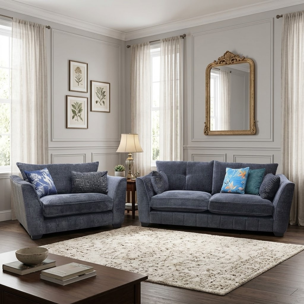 'Allure' Coco Indigo Woven Fabric 3 Seater Classic Back Sofa + Snuggler Chair Furniture Village