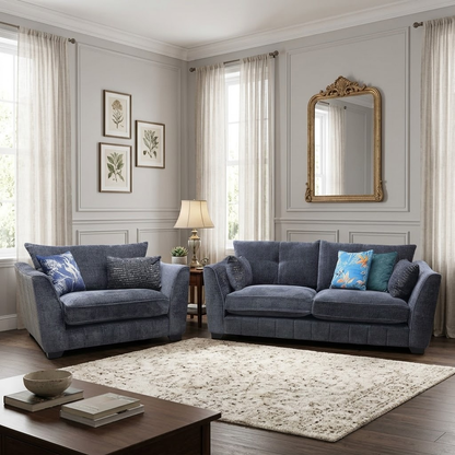 'Allure' Coco Indigo Woven Fabric 3 Seater Classic Back Sofa + Snuggler Chair Furniture Village