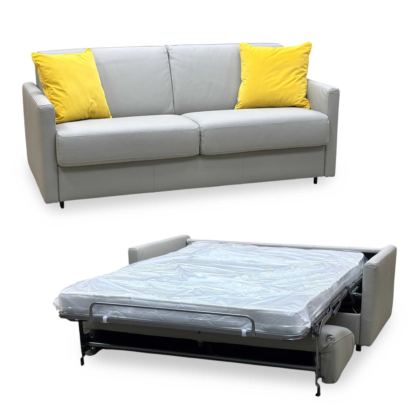 Nicoletti ‘Alcova’ Torello Tortora 328 Grey Leather 2.5 Seater Sofa Bed with Slim Arms Furniture Village