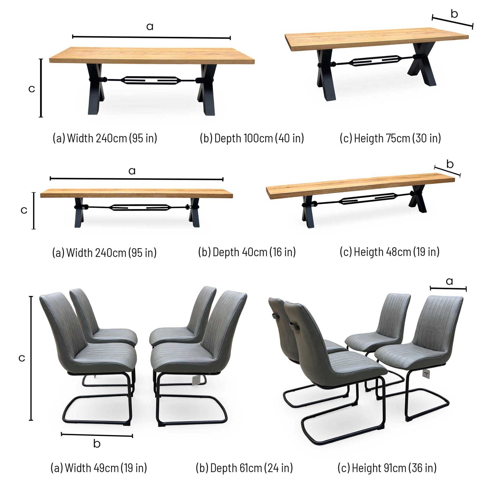 Bodahl ‘Terra’ 1 Oil Solid Oak Straight Top 240cm Tension Bolt X-Leg Dining Table with 04 Grey Leather Cantilever Dining Chairs & Dining Bench Furniture Village