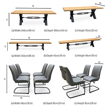 Bodahl ‘Terra’ 1 Oil Solid Oak Straight Top 240cm Tension Bolt X-Leg Dining Table with 04 Grey Leather Cantilever Dining Chairs & Dining Bench Furniture Village