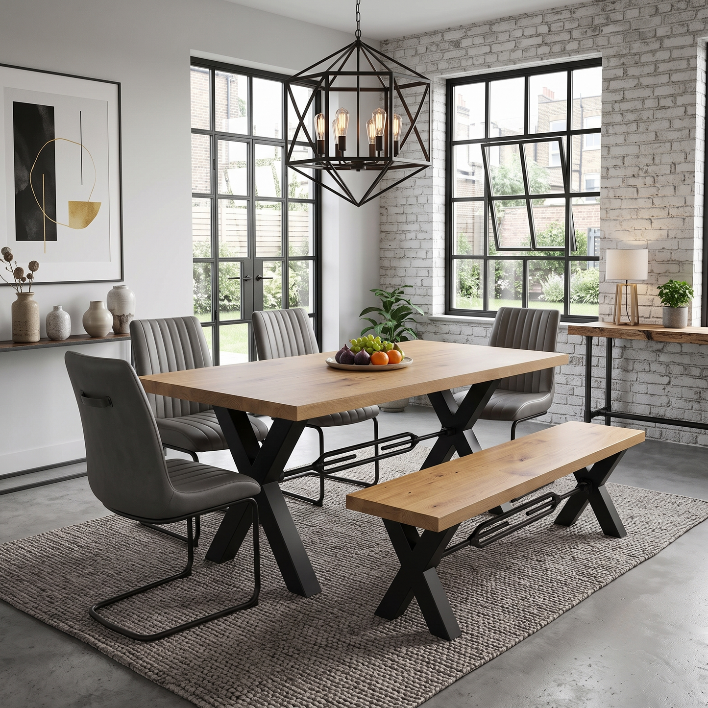 Bodahl ‘Terra’ 1 Oil Solid Oak Straight Top 240cm Tension Bolt X-Leg Dining Table with 04 Grey Leather Cantilever Dining Chairs & Dining Bench Furniture Village
