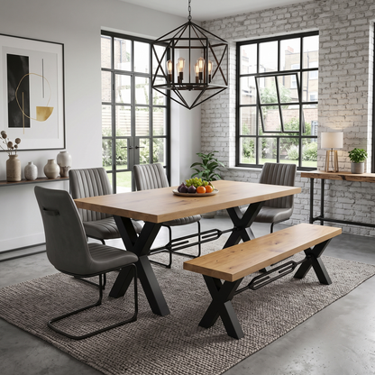 Bodahl ‘Terra’ 1 Oil Solid Oak Straight Top 240cm Tension Bolt X-Leg Dining Table with 04 Grey Leather Cantilever Dining Chairs & Dining Bench Furniture Village