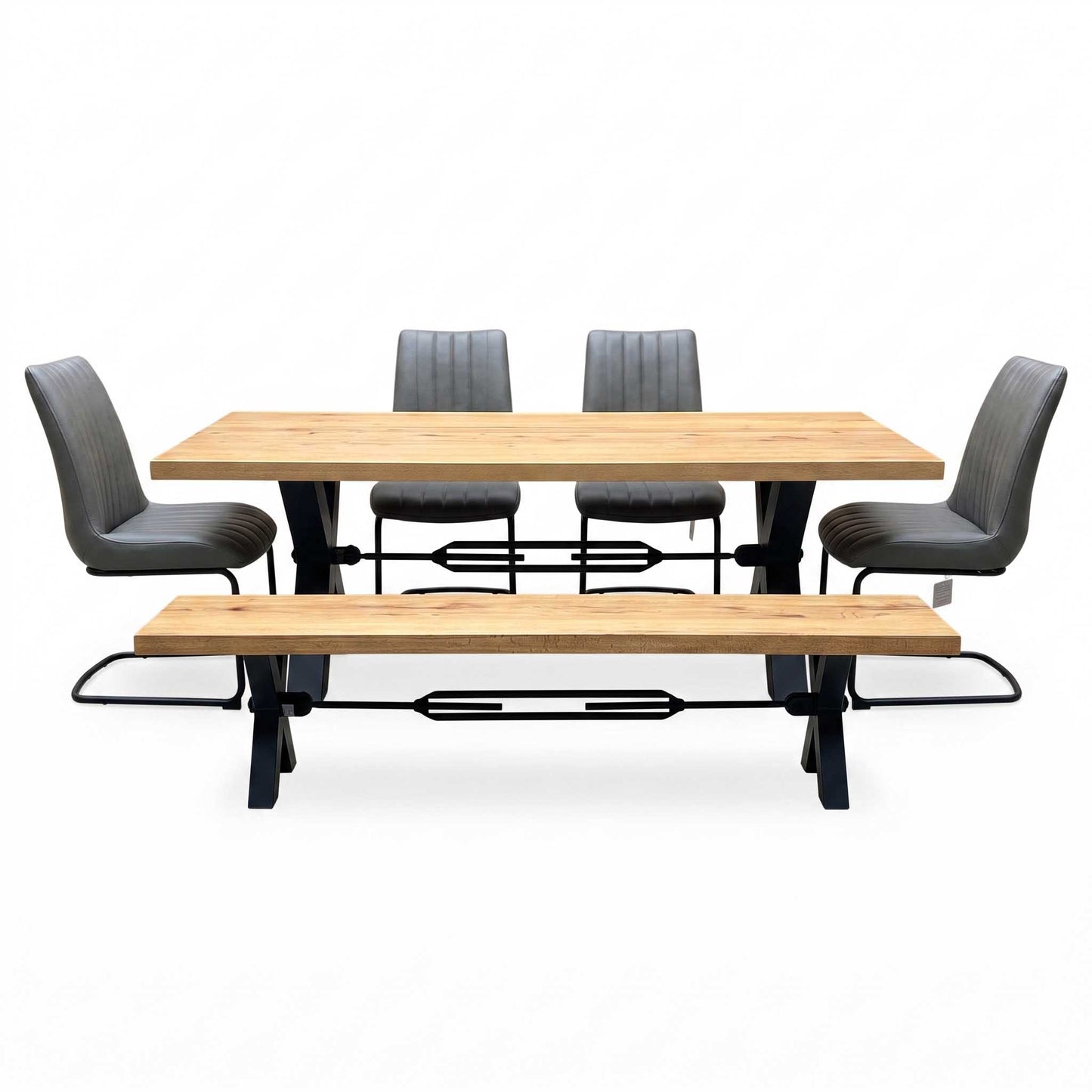 Bodahl ‘Terra’ 1 Oil Solid Oak Straight Top 240cm Tension Bolt X-Leg Dining Table with 04 Grey Leather Cantilever Dining Chairs & Dining Bench Furniture Village