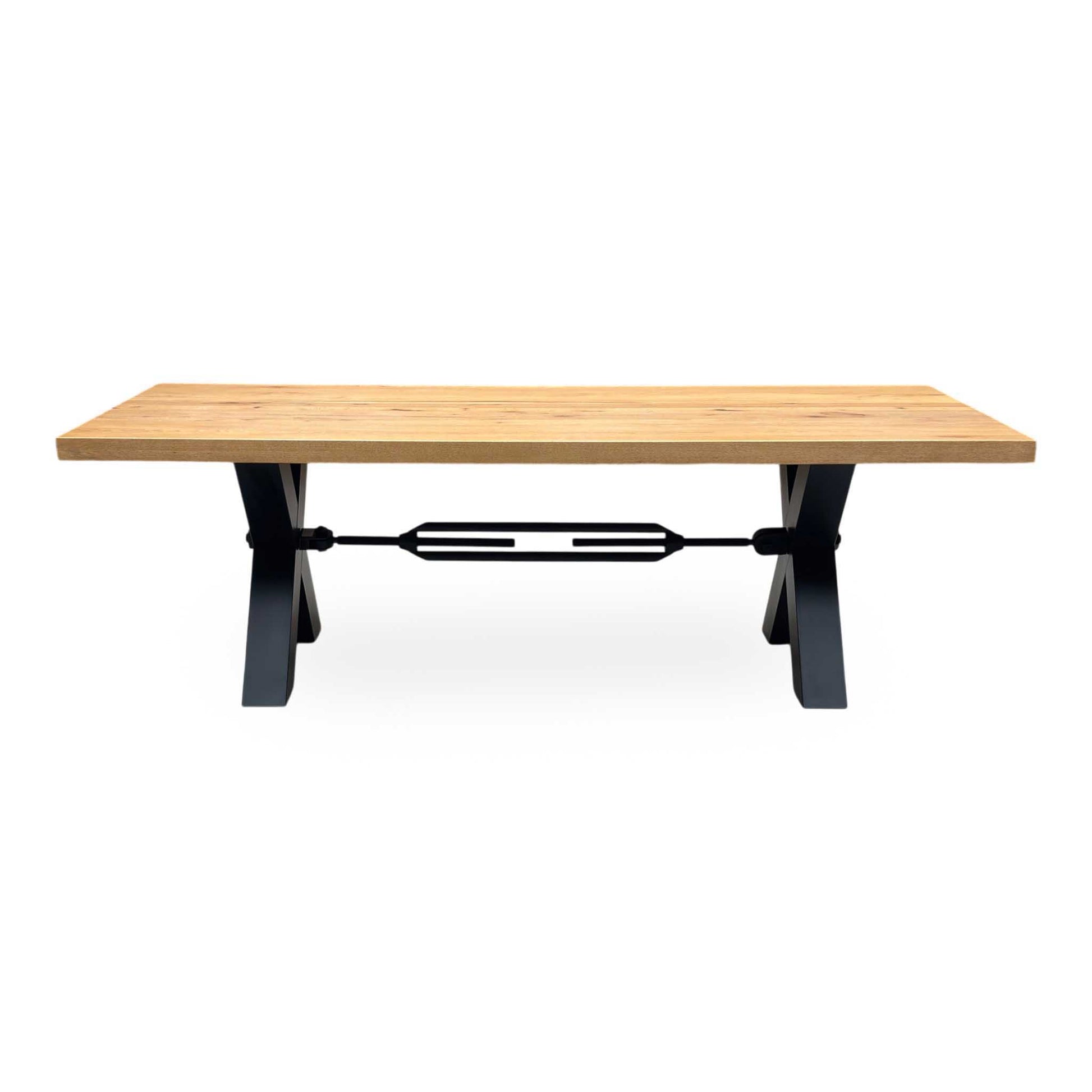 Bodahl ‘Terra’ 1 Oil Solid Oak Straight Top 240cm Tension Bolt X-Leg Dining Table with 04 Grey Leather Cantilever Dining Chairs & Dining Bench Furniture Village