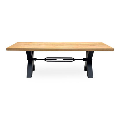 Bodahl ‘Terra’ 1 Oil Solid Oak Straight Top 240cm Tension Bolt X-Leg Dining Table with 04 Grey Leather Cantilever Dining Chairs & Dining Bench Furniture Village