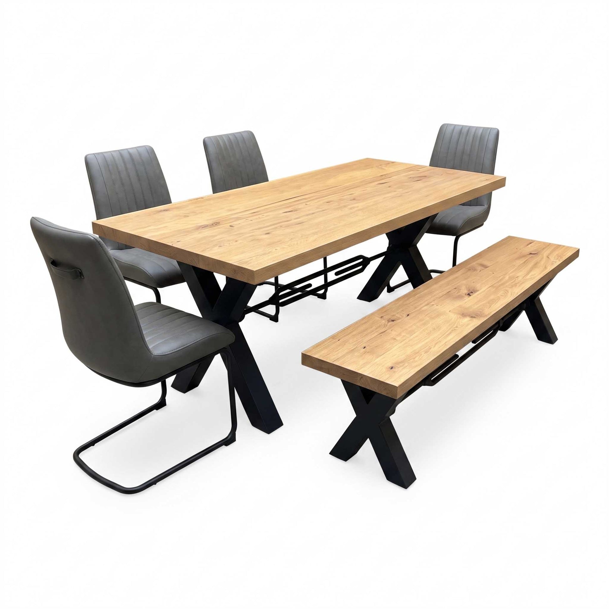 Bodahl ‘Terra’ 1 Oil Solid Oak Straight Top 240cm Tension Bolt X-Leg Dining Table with 04 Grey Leather Cantilever Dining Chairs & Dining Bench Furniture Village