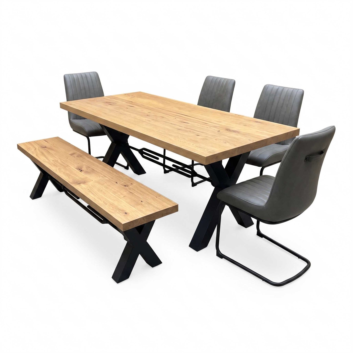 Bodahl ‘Terra’ 1 Oil Solid Oak Straight Top 240cm Tension Bolt X-Leg Dining Table with 04 Grey Leather Cantilever Dining Chairs & Dining Bench Furniture Village