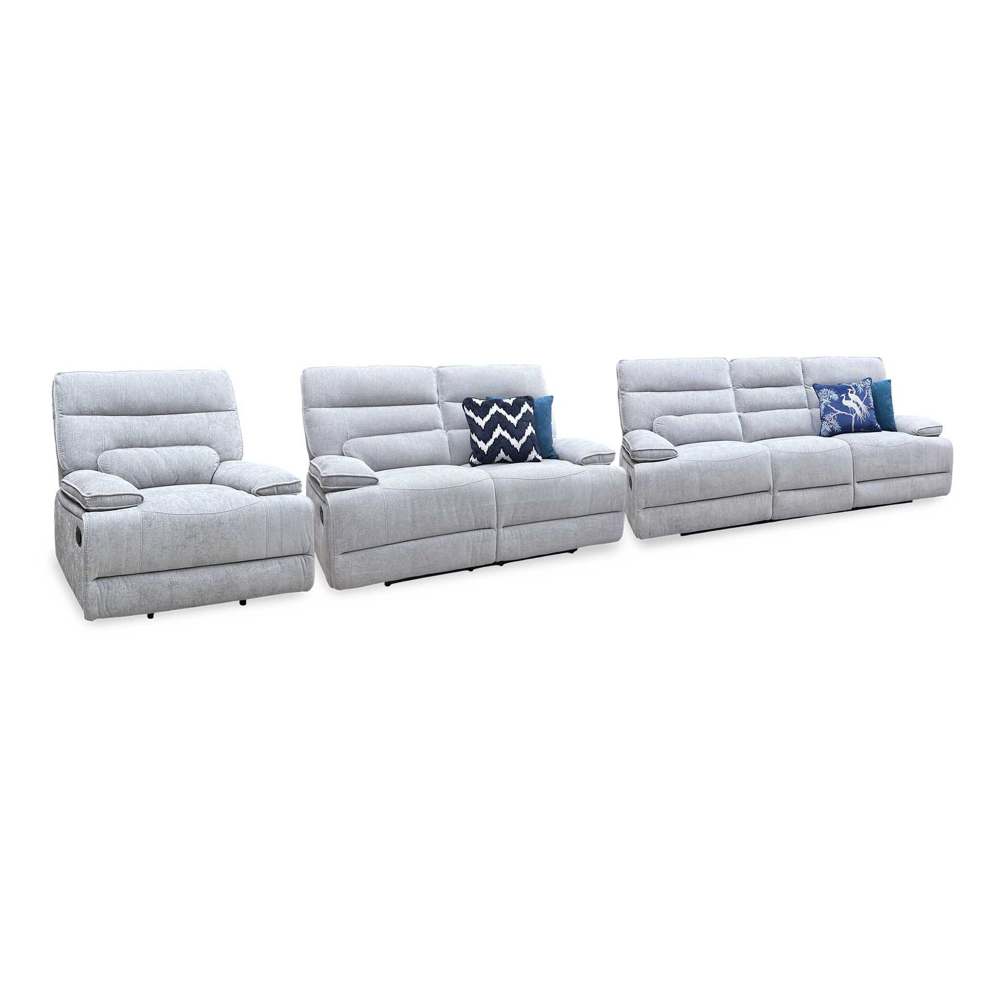 ‘Olivia’ Grey Fabric Manual Recliner Set: 3 + 2 Seater Sofa & Armchair Thornbrook (a Joseph James brand)
